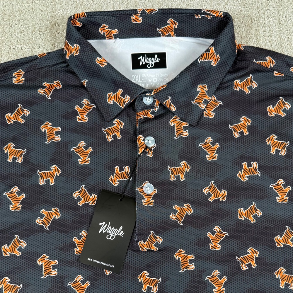 NEW Waggle Mens 2XL Black Tiger Goat Print Performance Golf Polo Shirt